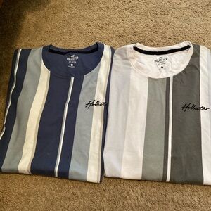 2 Hollister Men's Striped T-Shirt - Blue and White